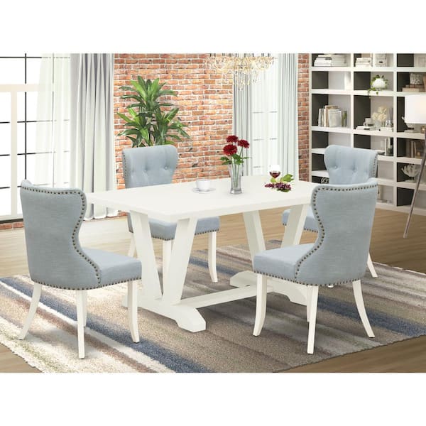 East West Furniture 5-Piece Rectangle Natural Oak Finish Solid Speckled Top Dining Table with 4 Baby Blue Parson Chair with Lattice Back