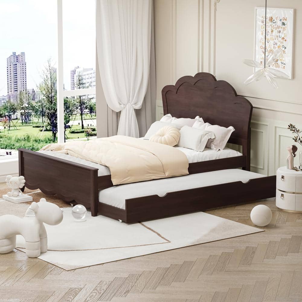 White Wood Frame Full Size Platform Bed with Twin Size Trundle and Headboard