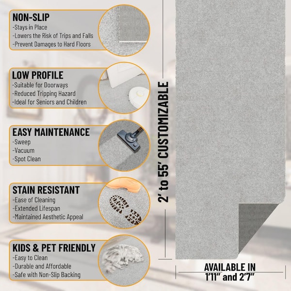 Majestic Non-Slip Rubberback 2 ft. X 27 ft. Indoor Custom Cut Extra Long Runner Rug 1 ft. 11 in. X 27 ft., Gray