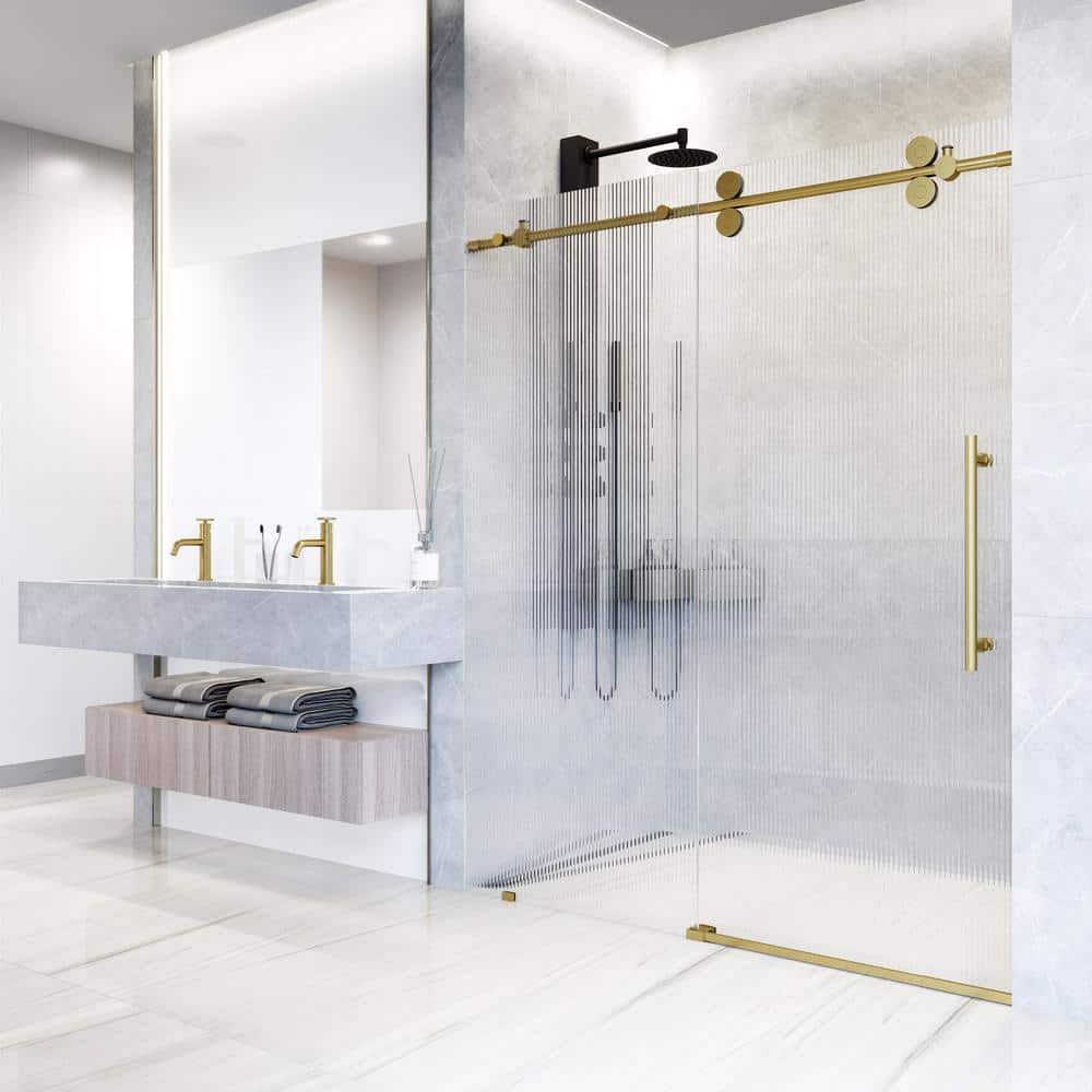 Elan Matte Black Frameless Sliding Shower Door with Fluted Glass