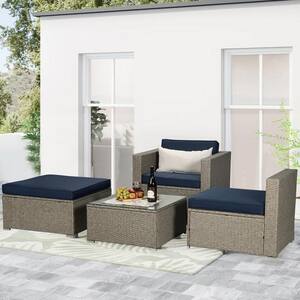 4-Piece Gray Wicker Patio Conversation Set with Navy Cushions