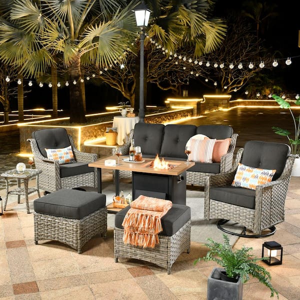 HOOOWOOO Verona Grey 7-Piece Wicker Outdoor Fire Pit Patio Conversation Sofa Set with Swivel Chairs and Black Cushions