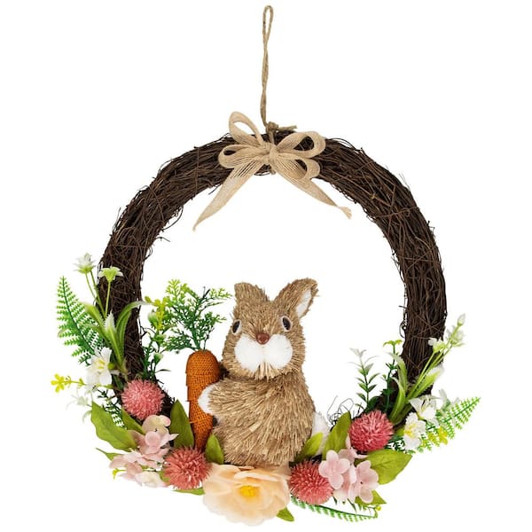 12 in. Floral Grapevine Spring Artificial Easter Wreath with Rabbit