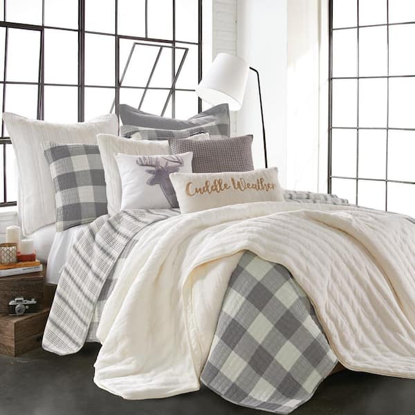 Camden 3-Piece Grey Checked Cotton King/Cal King Quilted Bedspread Set