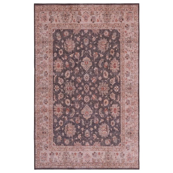 Tuscon Dark Gray/Beige 8 ft. x 10 ft. Machine Washable Border Floral Area Rug