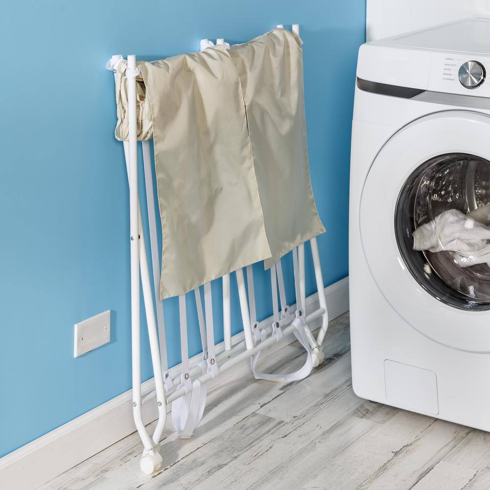 White and Natural Collapsible Double Laundry Hamper with Wheels