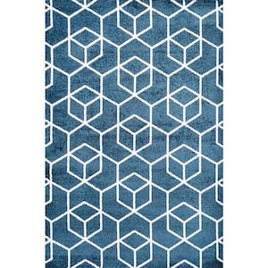 Tumbling Blocks Modern Geometric Navy/White 8 ft. x 10 ft. Area Rug