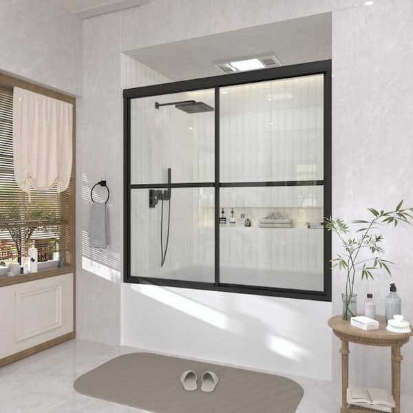 59 in. W x 56 in. H Sliding Framed Tub/Shower Door in Black with Clear Glass and Handles