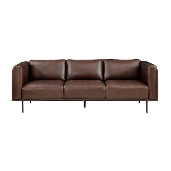 Lazzara Flint 88 in. W Straight Arm Leather Rectangle Sofa in. Brown
