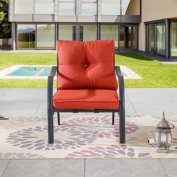 Metal Outdoor Lounge Chair with Red Cushions