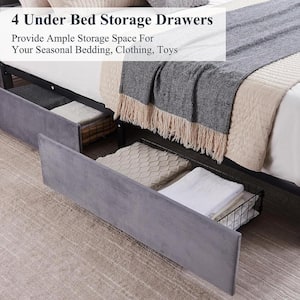 Platform Bed Frame Gray Metal Frame Full Size Platform Bed 4-Storage Drawers, Upholstered Bed Headboard