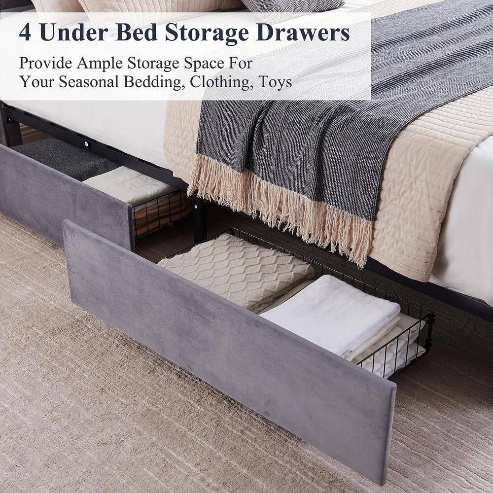 Platform Bed Frame Black Metal Frame King Size Platform Bed with 4 Storage Drawers, Upholstered bed with Headboard - thumbnail 5