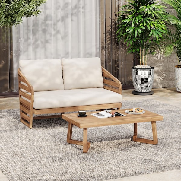 Avery Outdoor 2 Piece Teak Finish Solid Wood Loveseat and Table Set Patio Conversation Set with Beige Cushions