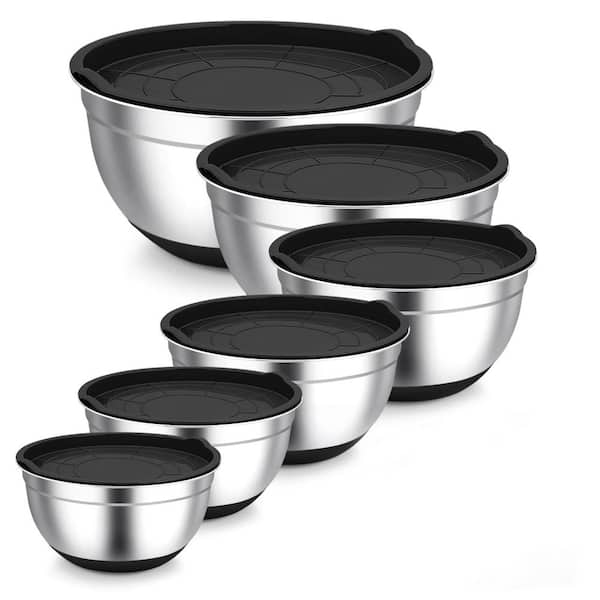 6-Piece Stainless Steel Black Mixing Bowl Set with Airtight Lids and Non-Slip Silicone Bottom, Stackable