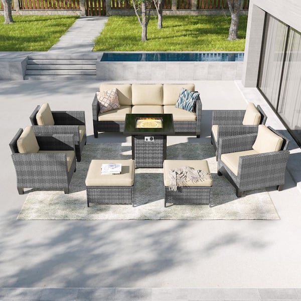 8-Piecess Patio Conversation Set with Square Fire Pit Table, Gray Wicker Wide Armrests Sofa with Beige Cushion