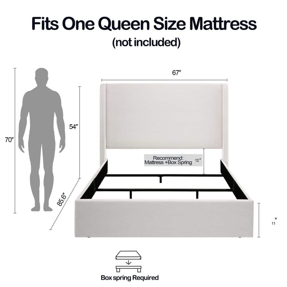 Frasier White Metal Frame King Size Platform Bed with Upholstered Wingback High Headboard, Ivory - thumbnail 4