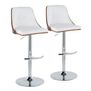 Gianna 32.75 in. White Faux Leather, Walnut Wood and Chrome Metal Adjustable Bar Stool (Set of 2)