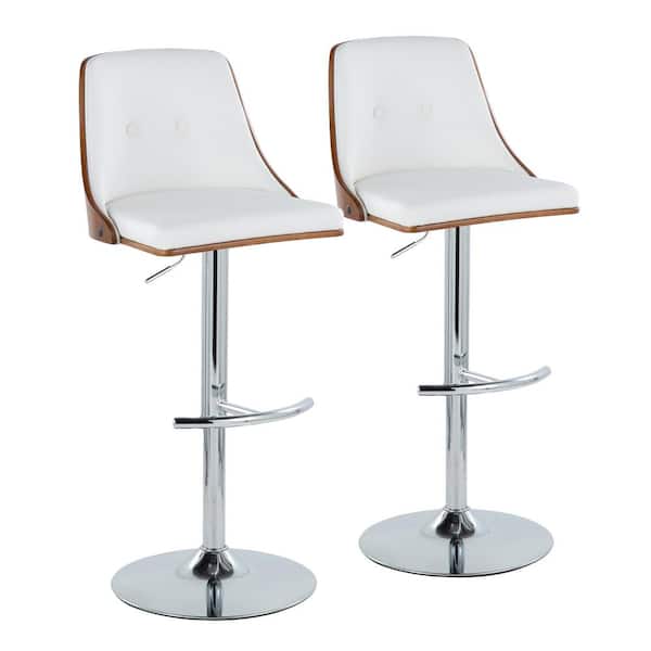 Lumisource Gianna 32.75 in. White Faux Leather, Walnut Wood and Chrome Metal Adjustable Bar Stool (Set of 2)