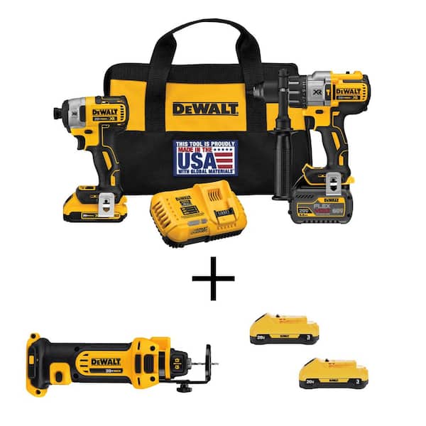 DEWALT 20V MAX Cordless Brushless Combo Kit, Drywall Cut-Out Tool, and (2) 20V 3.0Ah MAX Compact Lithium-Ion Batteries