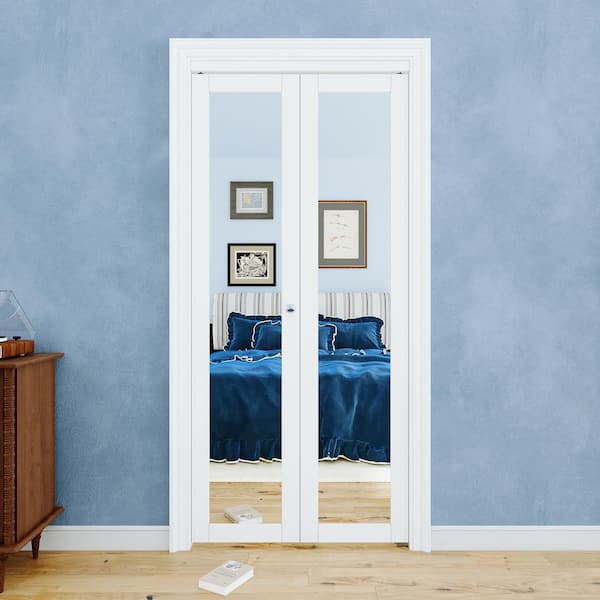 36 in. x 80 in. 1-Lite Mirrored Glass and Solid Core White Finished MDF Closet Bi-Fold Door with Hardware