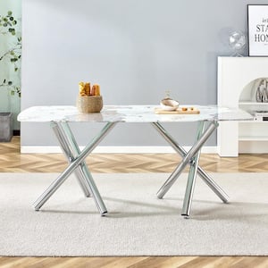 White Tempering 70.87 in. Sliver Double Glass Top Material Cross Legs Table Base Type Dining Table Seats 6