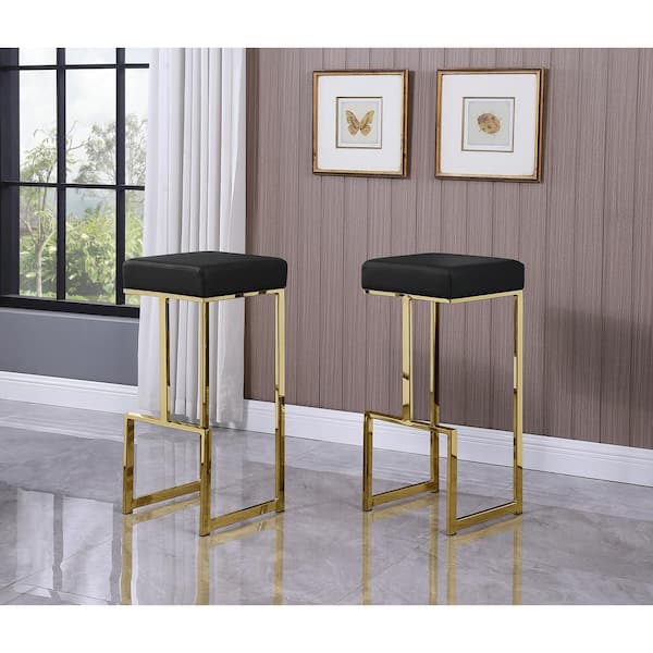 Best Master Furniture Jupiter Lane 31 in. H Black / Faux Leather Backless Metal Bar Stools with Gold Base (Set of 2)