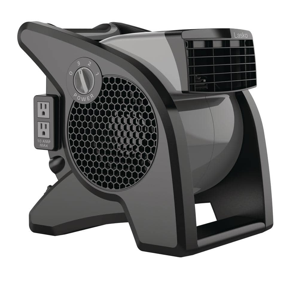 Lasko Pivoting 11.2 in. 3 Speed High Velocity Blower Fan for Home, Job Site in Gray, 375 CFM, 2 120V Outlets, Circuit Breaker U15610