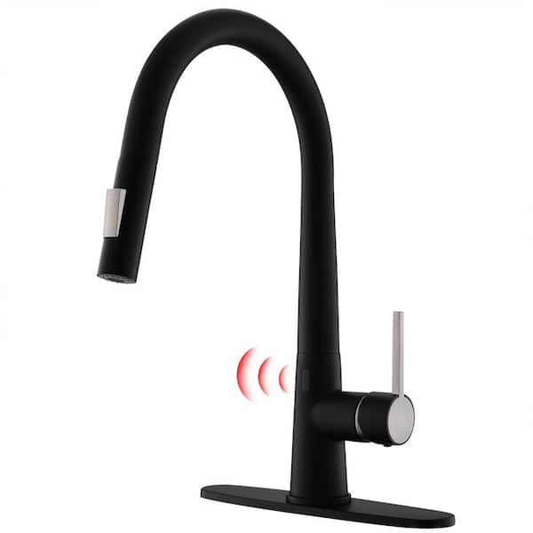 Unbranded Touchless Sensor Single Handle Pull-Down Sprayer Kitchen Faucet with Deck Plate in Matte Black and Brushed Nickel