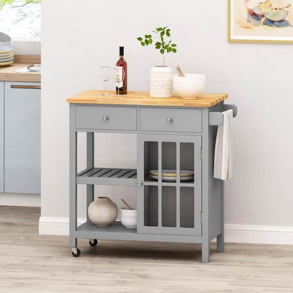 FAMYYT Gray Wood Tabletop 34 in. Kitchen Island with Drawers and Glass Door