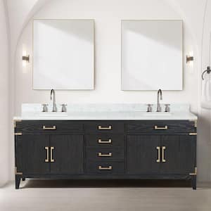 Fossa 84 in W x 22 in D Black Oak Double Bath Vanity, Carrara Marble Top, and Faucet Set