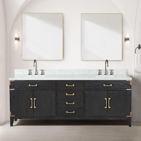 Lexora Fossa 84 in W x 22 in D Black Oak Double Bath Vanity, Carrara ...