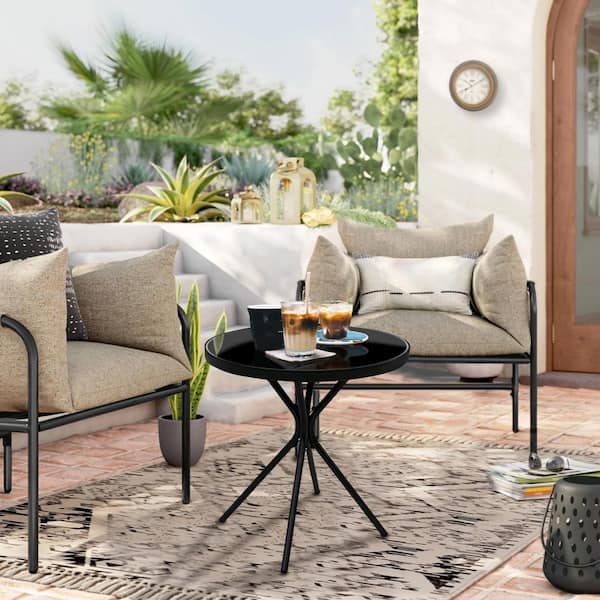 Black Small Outdoor Patio Round Metal Side Table with Tempered Glass Top