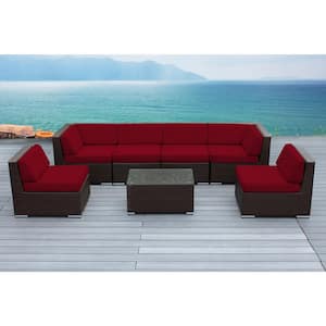Ohana Dark Brown 7-Piece Wicker Patio Seating Set with Sunbrella Jockey Red Cushions