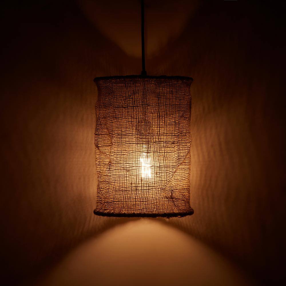 Tan Jute and Black Metal Cylinder Pendant Light