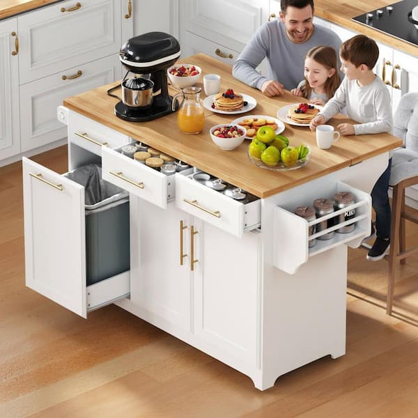 Modern White Wood 59.3 in. Drop Leaf Power Outlet Kitchen Island with Trash Can Storage and Pull Out Cabinet Organizers