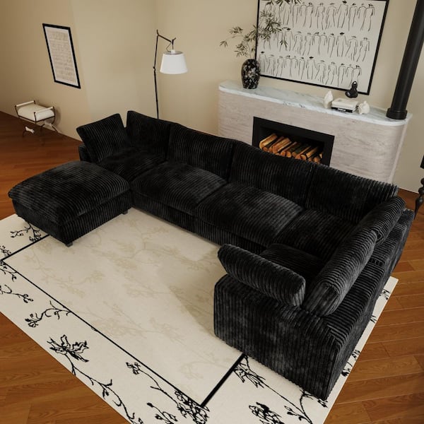 J&E Home 157 in. Square Arm 6-Piece Oversized Rabbit Hair Plush Fabric Free Combination Modular Sectional Sofa in Black