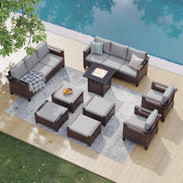 Sonkuki 9 Pieces Brown Wicker Linen Grey Cushion Patio Conversation Set with Square Firepit Table and Ottomans