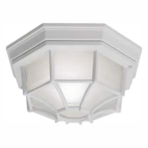 10.5 in. White 1-Light Outdoor Ceiling Flush Mount with Frosted Glass Shade