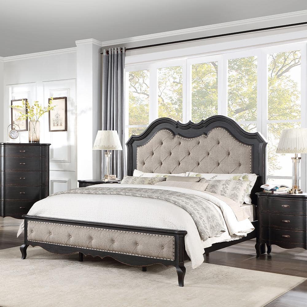 Chelmsford Beige Wood Frame Queen Panel Bed with Nailhead Trim and Tufted Upholstered -  Acme Furniture, BD02294CK