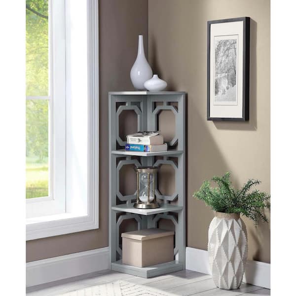 38.5 in. Gray Wood 4-shelf Corner Bookcase with Open Storage