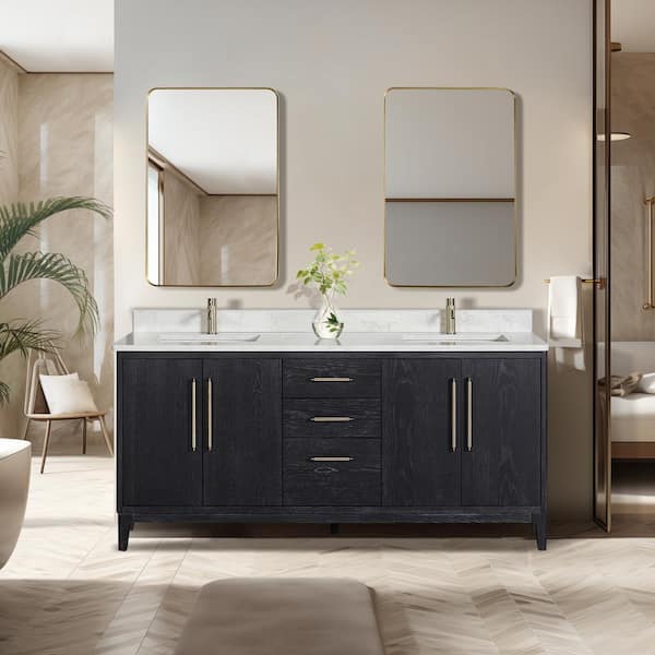 ROSWELL Gara 72 in. W x 22 in. D x 33.9 in. H Double Sink Bath Vanity in Fir Black with White Grain Composite Stone Top