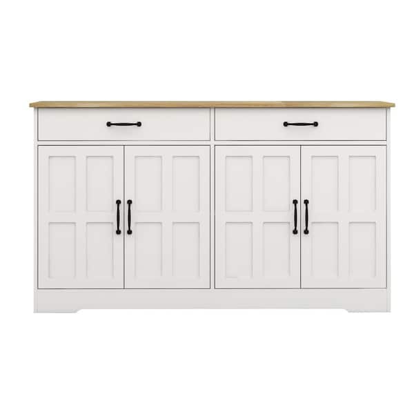 White MDF 47.95 in. 4-Door Sideboard Buffet Cabinet Farmhouse Storage Cabinet with 2-Drawers