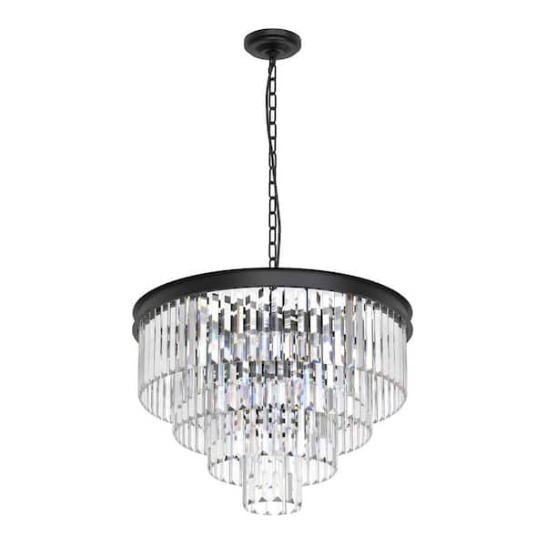 24 in. 12-Light Black Crystal Chandelier, 4-Tier Modern Pendant Ceiling Light for Dining Room, Living Room, Bedroom