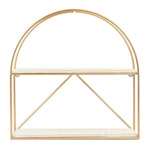 5.1 in. x 15 in. x 16 in. Wood and Iron Crescent Wall Shelf in White and Gold