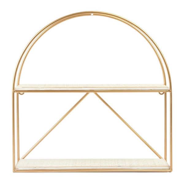 Storied Home 5.1 in. x 15 in. x 16 in. Wood and Iron Crescent Wall Shelf in White and Gold