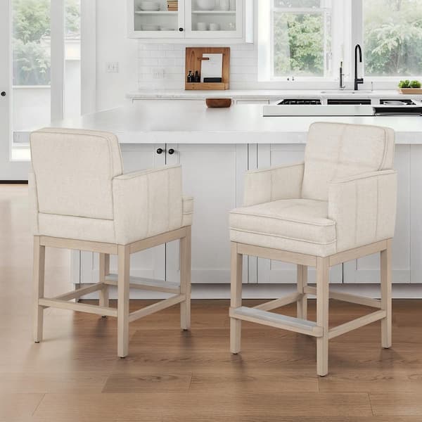 LUE BONA Cavino 27 in. Linen Fabric Upholstered Counter Height Bar Stool Armrests and Wood Frame Counter Stool Set of 2
