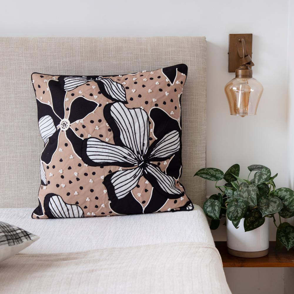 20" Beige and Black Embroidered Floral Polyester Throw Pillow