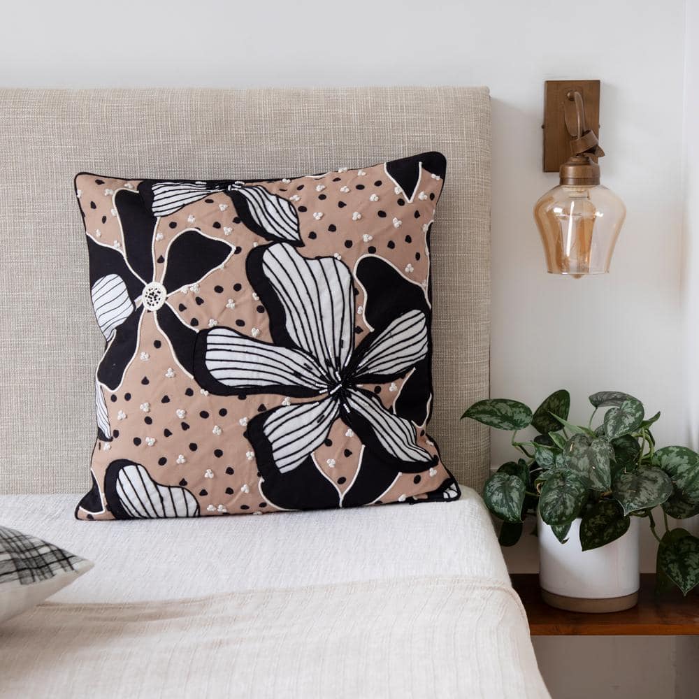 20" Beige and Black Embroidered Floral Polyester Throw Pillow