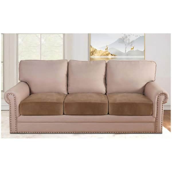 Camel 3-Piece Velvet Stretch Sofa Cushion Covers, Plush Cushion Slipcover, Furniture Protector for Sofa Cushion