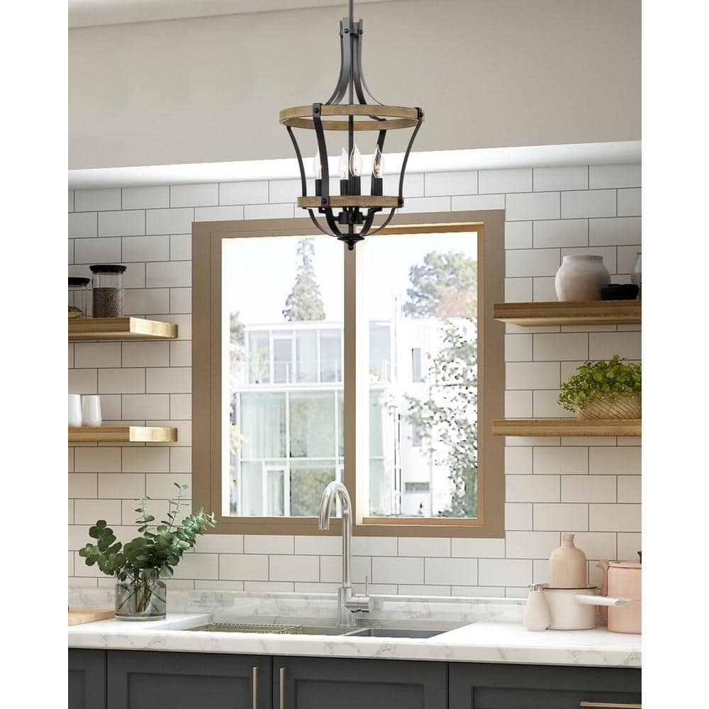 Laurel 22.5" Black Metal and Wood Lantern Chandelier